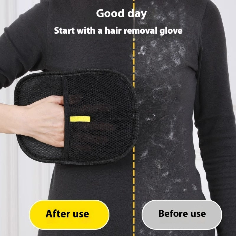 Hair removal glove with 'Before' and 'After' comparison on a person's arm.