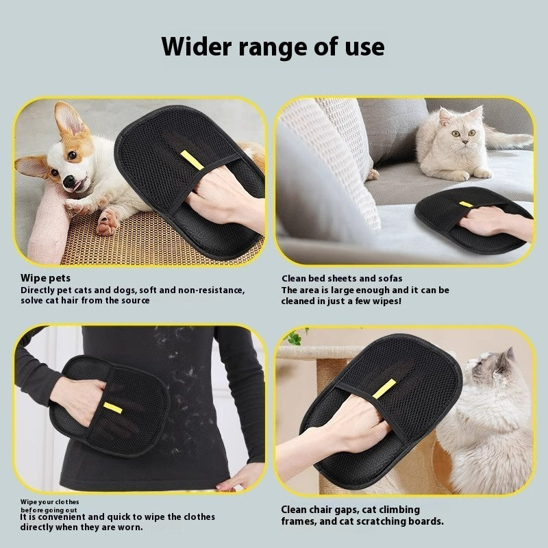 Black pet grooming mitts being used on pets and furniture with text describing their use.