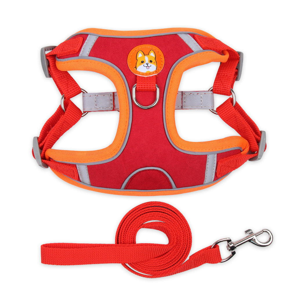 Red and orange dog harness with a leash 